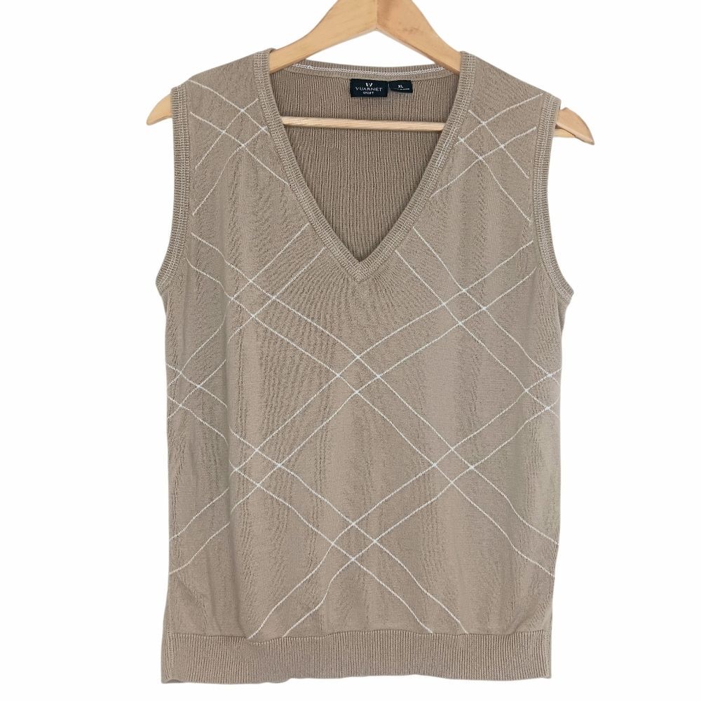 Women’s Beige Taupe Windowpane Plaid Sweater Vest XL V Neck Sleeveless Preppy
